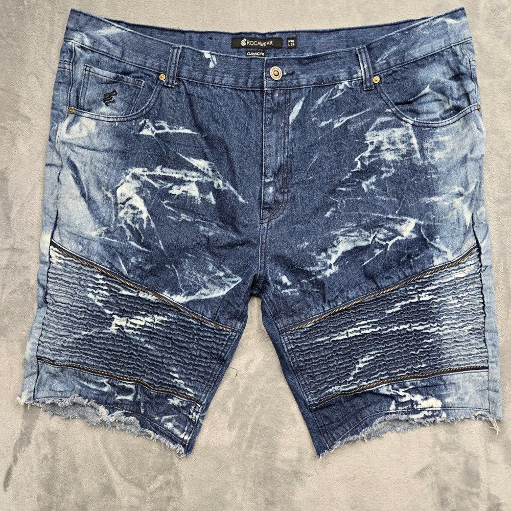 Y2K Rocawear Mens Size 48W Acid Wash Moto Denim Shorts Blue Classic Fit Cut Offs